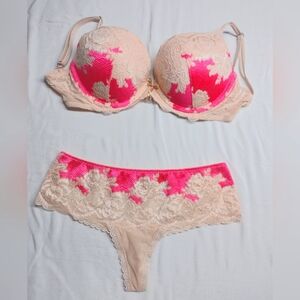 VS bra and panty set. 34D bright pink silk with cream lace. Thong panty size med